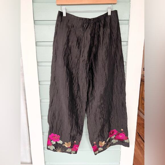 Citron black crinkly pants floral embroidered hem linen blend wide leg artsy M - Picture 6 of 10